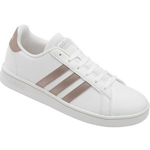 Adidas 3 striped rose gold shoes.